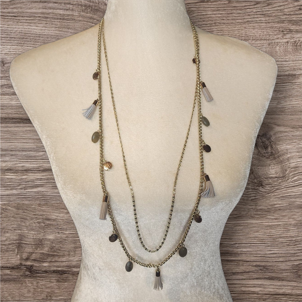 WHBM double layer 18" gold tone tassel stone and medallion necklace‎